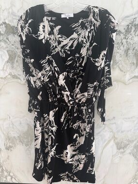 Parker Black & Cream Floral Faux-Wrap Long Sleeve Dress